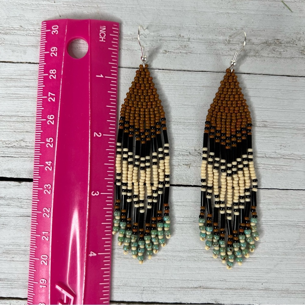 Boho Seed Beaded Earrings Brown Black Fringe Dangle Drop Earrings 4 in - Picture 6 of 6